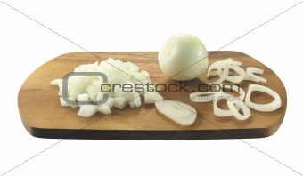 sliced onion on deck isolated on white background