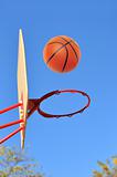 Basket hoop and basketball against blue sky