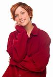 Pretty Red Haired Girl Wearing a Warm Red Corduroy Shirt Isolated on a White Background.