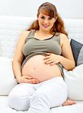 Smiling beautiful pregnant woman sitting on sofa and touching her belly.
