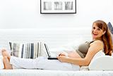 Smiling beautiful pregnant woman on sofa with the laptop and a  credit card.
