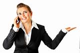  Smiling modern business woman talking on mobile phone
