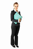 Full length portrait  of smiling modern business woman holding folders  with  documents in hands
