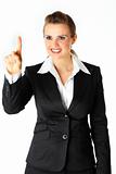 Smiling modern business woman  touching abstract screen
