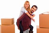 Young Couple on Moving - Man Piggybacking Woman