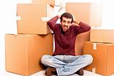 Stressed Young Man  Swamped with Boxes