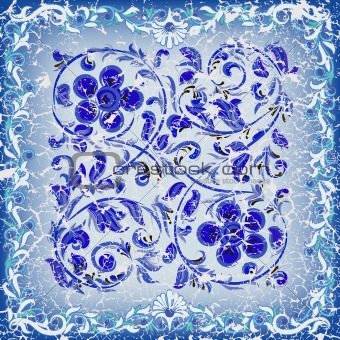 abstract cracked blue background with floral ornament