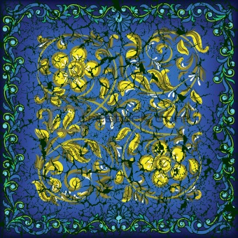 abstract cracked blue background with golden floral ornament