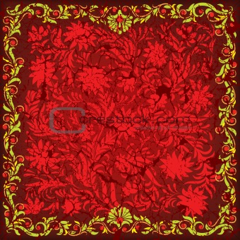 abstract cracked red background with green floral ornament