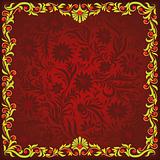 abstract red background with green floral ornament
