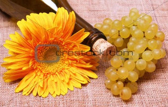 Wine bottle with flower and grapes branch