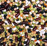 Black and red string bean, lentil, green and yellow peas as back