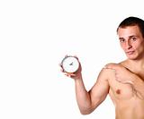 handsome guy shirtless with clock