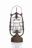 the old dirty kerosene lamp with modern  bulb isolated