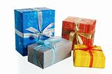 Multi-coloured boxes with gifts, it is isolated on white