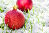 Red Christmas balls with snow