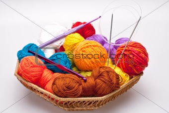 basket with thread and balls for knitting