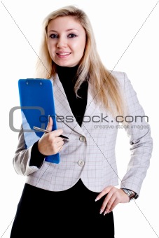 business woman in a jacket with clipboard