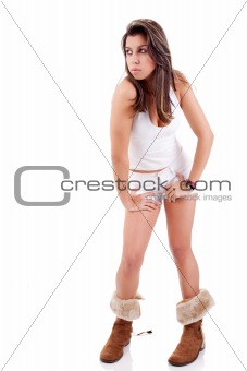 Beautiful and happy young Woman with a shorts,  isolated on white background. Studio shot.