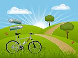 Summer landscape with a bike. Vector illustration.