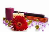 beautiful spa background with 2 candles and flower. isolated on 