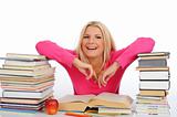 portrait of young student woman with lots of books  studing