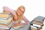 portrait of young student woman with lots of books studing