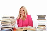 portrait of young student girl with lots of books  studing