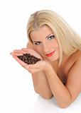 Portrait of sexy pretty woman with coffee beans