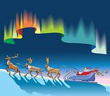 Santa Claus sleighing under northern lights