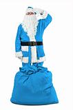 funny santa claus in blue costume salutes