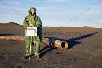 Scientist with warning tablet in infection zone