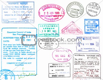 Passport stamps on a white background