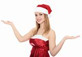 Beautiful happy young woman dressed as Santa