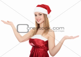 Beautiful happy young woman dressed as Santa