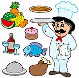 Cartoon chef with various meals