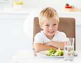 Cute little boy eating salad in the kitchen