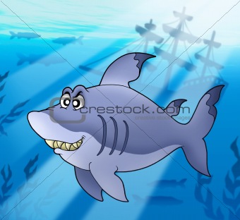 Big blue shark with shipwreck