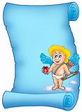 Blue scroll with Cupid holding gift