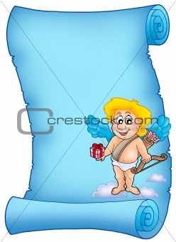 Blue scroll with Cupid holding gift
