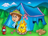Cartoon scout boy in tent