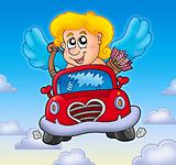 Cupid in red car on sky