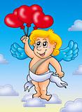 Cupid with balloons on blue sky