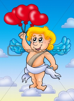 Cupid with balloons on blue sky