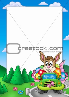 Easter frame with bunny driving car