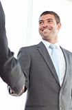 Happy businessmen shaking hands standing in the office