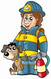 Firefighter with dog and extinguisher