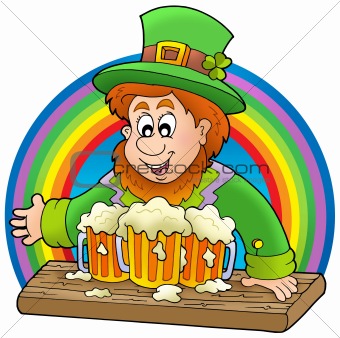 Leprechaun with beers and rainbow