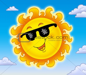 Spring Sun with sunglasses on sky