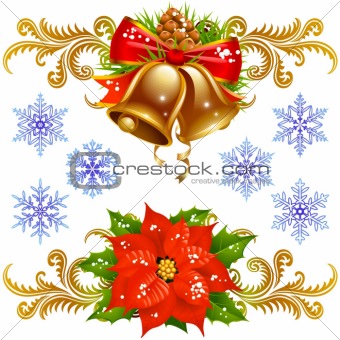 Christmas design elements set 2. Golden bells, poinsettia and snowflake